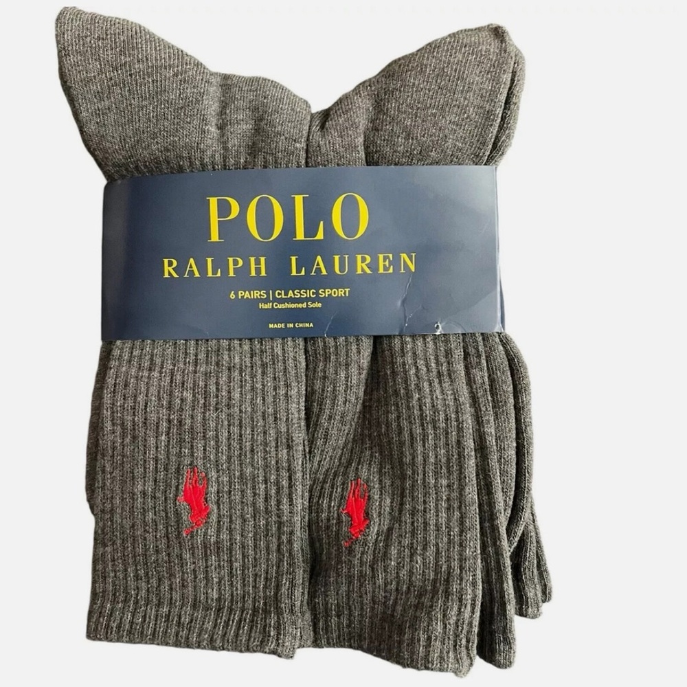 Polo Ralph Lauren Classic Sport 6 Pair Pack Grey Red Crew Socks Cushioned NEW
